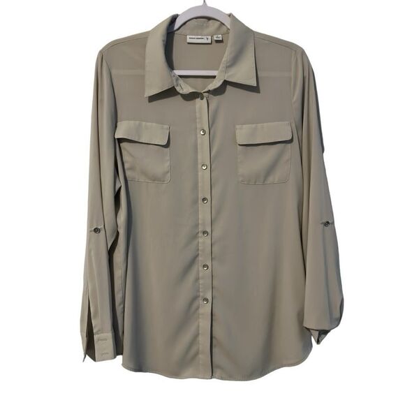 Susan Graver Stretch Woven Button Front Roll Tab Long Sleeve Shirt Bone Size 12 - Picture 1 of 5